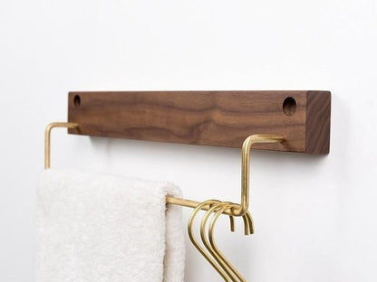 Beech Wood Towel Rack with Brass Bar for Bathroom and Home Organisation