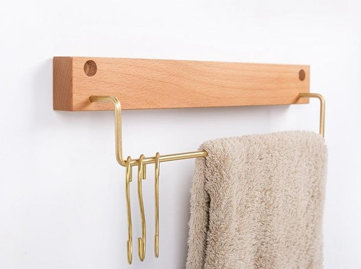 Beech Wood Towel Rack with Brass Bar for Bathroom and Home Organisation