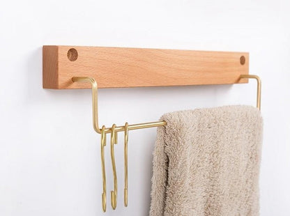 Beech Wood Towel Rack with Brass Bar for Bathroom and Home Organisation