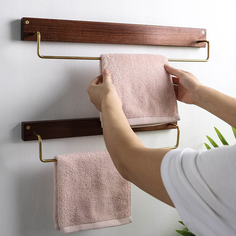 Beech Wood Towel Rack with Brass Bar for Bathroom and Home Organisation