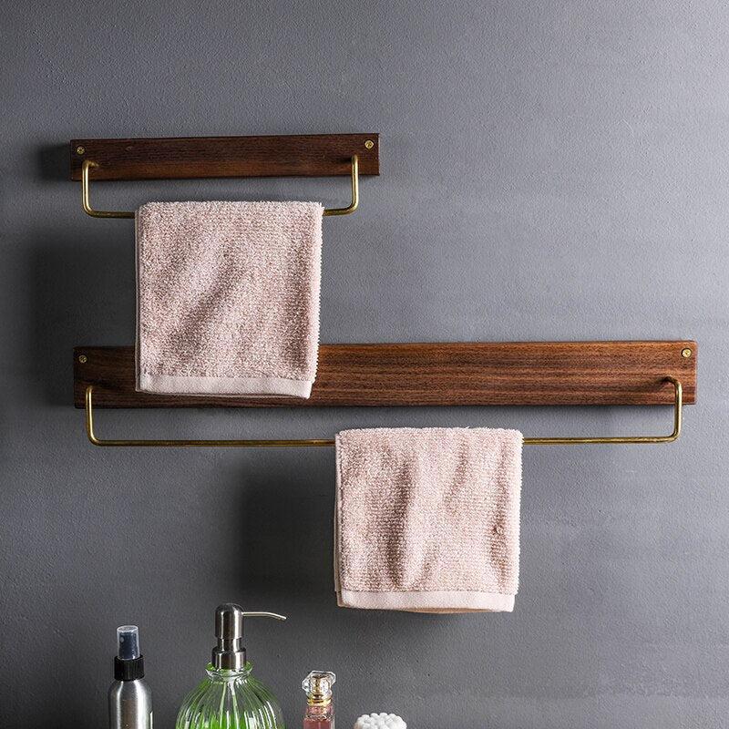 Beech Wood Towel Rack with Brass Bar for Bathroom and Home Organisation
