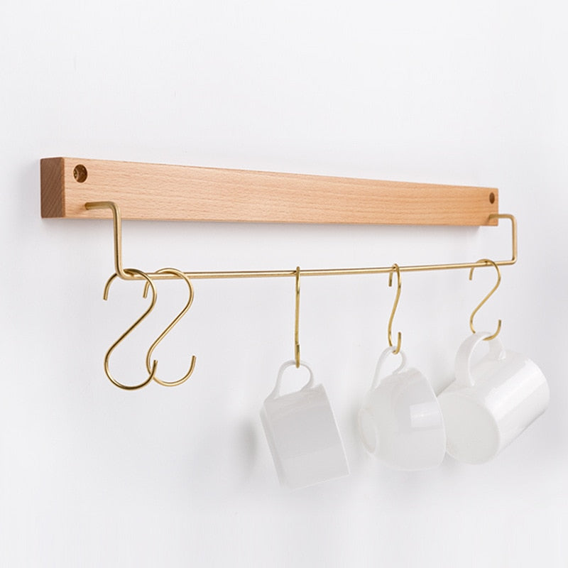 Beech Wood Towel Rack with Brass Bar for Bathroom and Home Organisation