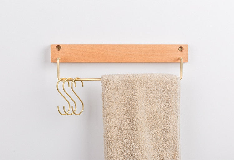 Beech Wood Towel Rack with Brass Bar for Bathroom and Home Organisation