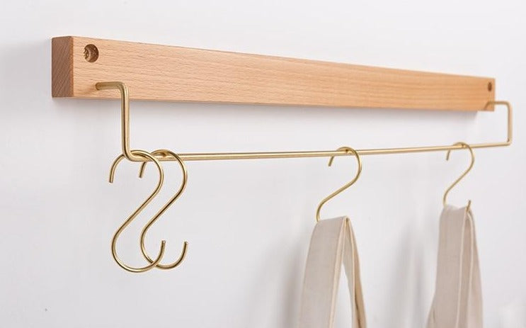 Beech Wood Towel Rack with Brass Bar for Bathroom and Home Organisation