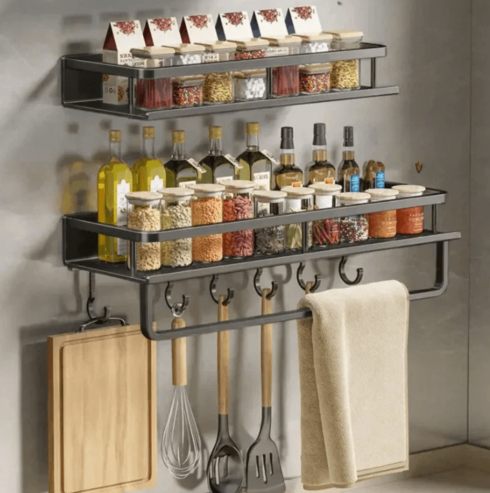 Black Metal Kitchen Wall Shelf with Hooks and Towel Holder