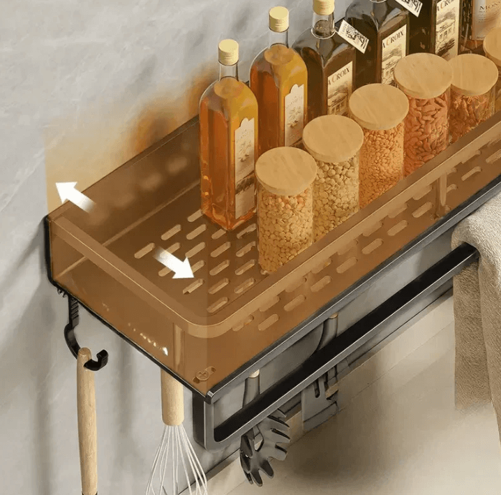 Black Metal Kitchen Wall Shelf with Hooks and Towel Holder