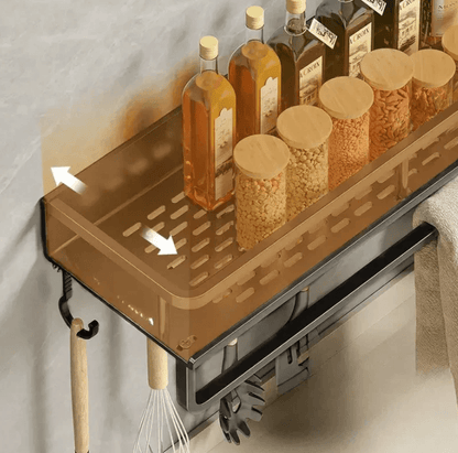 Black Metal Kitchen Wall Shelf with Hooks and Towel Holder