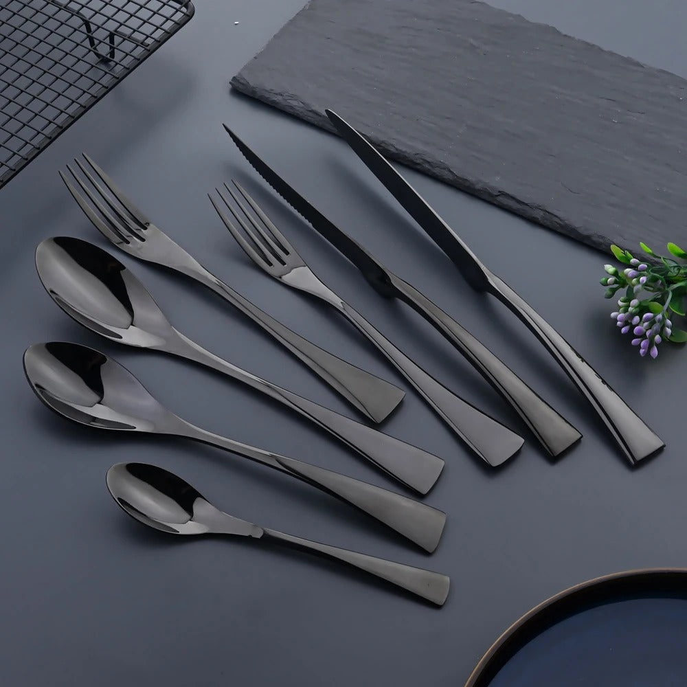 Black Stainless Steel Cutlery Set with Matte Finish, 24/42/48/84 Pieces