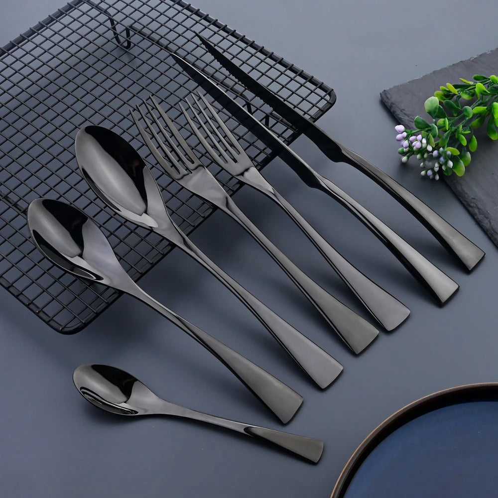 Black Stainless Steel Cutlery Set with Matte Finish, 24/42/48/84 Pieces