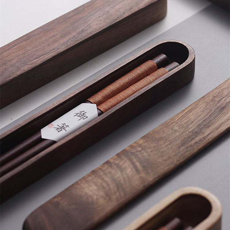 Black Walnut Wood Chopsticks with Decorative Thread and Wooden Gift Box