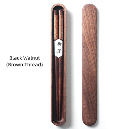Black Walnut Wood Chopsticks with Decorative Thread and Wooden Gift Box