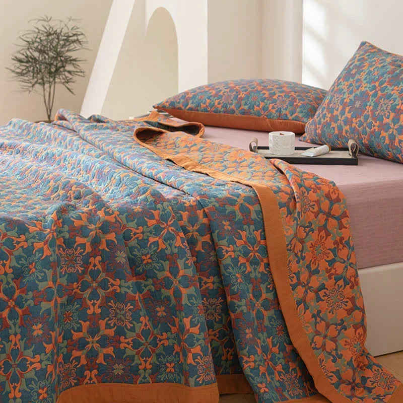 Blue Patterned Six Layer Cotton Quilt for Bed and Sofa
