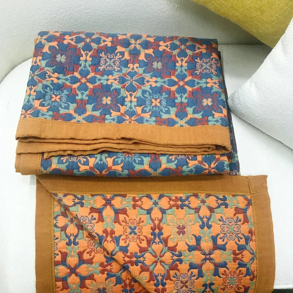 Blue Patterned Six Layer Cotton Quilt for Bed and Sofa