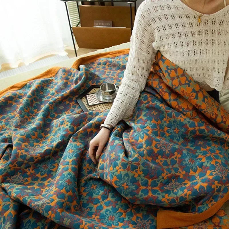 Blue Patterned Six Layer Cotton Quilt for Bed and Sofa