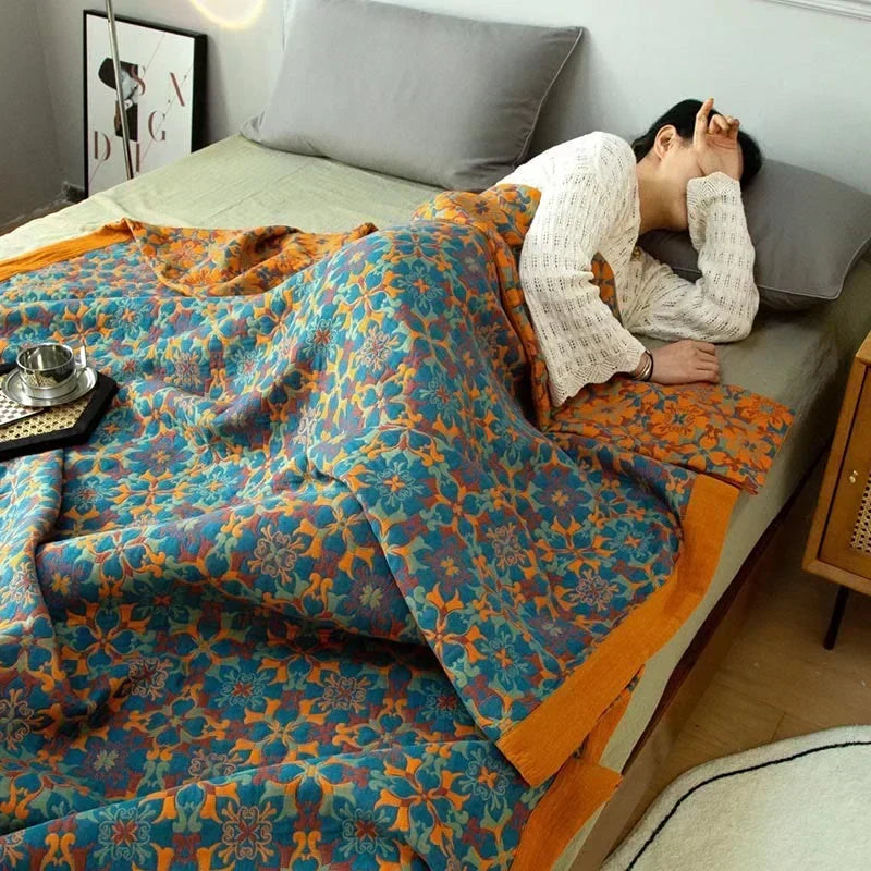 Blue Patterned Six Layer Cotton Quilt for Bed and Sofa