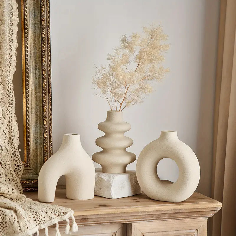 Boho Ceramic Vase Set of 3 for Neutral Home Decor
