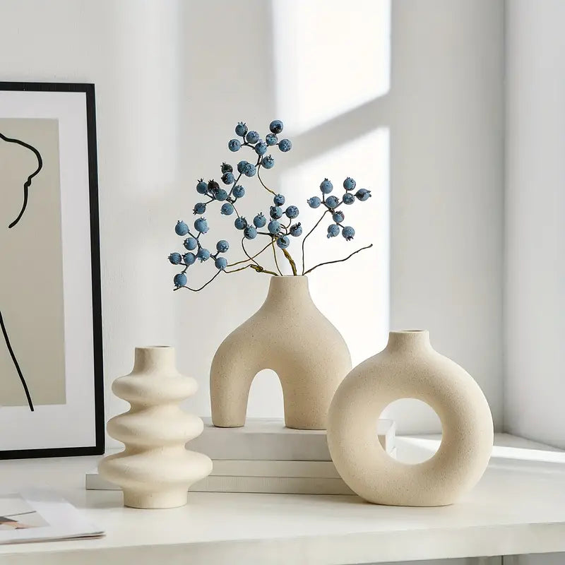 Boho Ceramic Vase Set of 3 for Neutral Home Decor