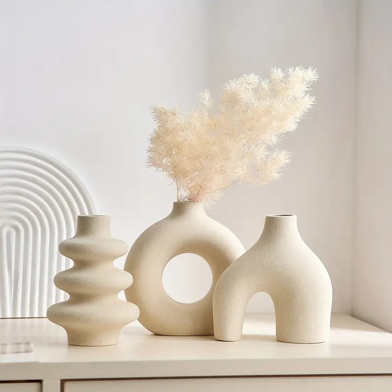 Boho Ceramic Vase Set of 3 for Neutral Home Decor