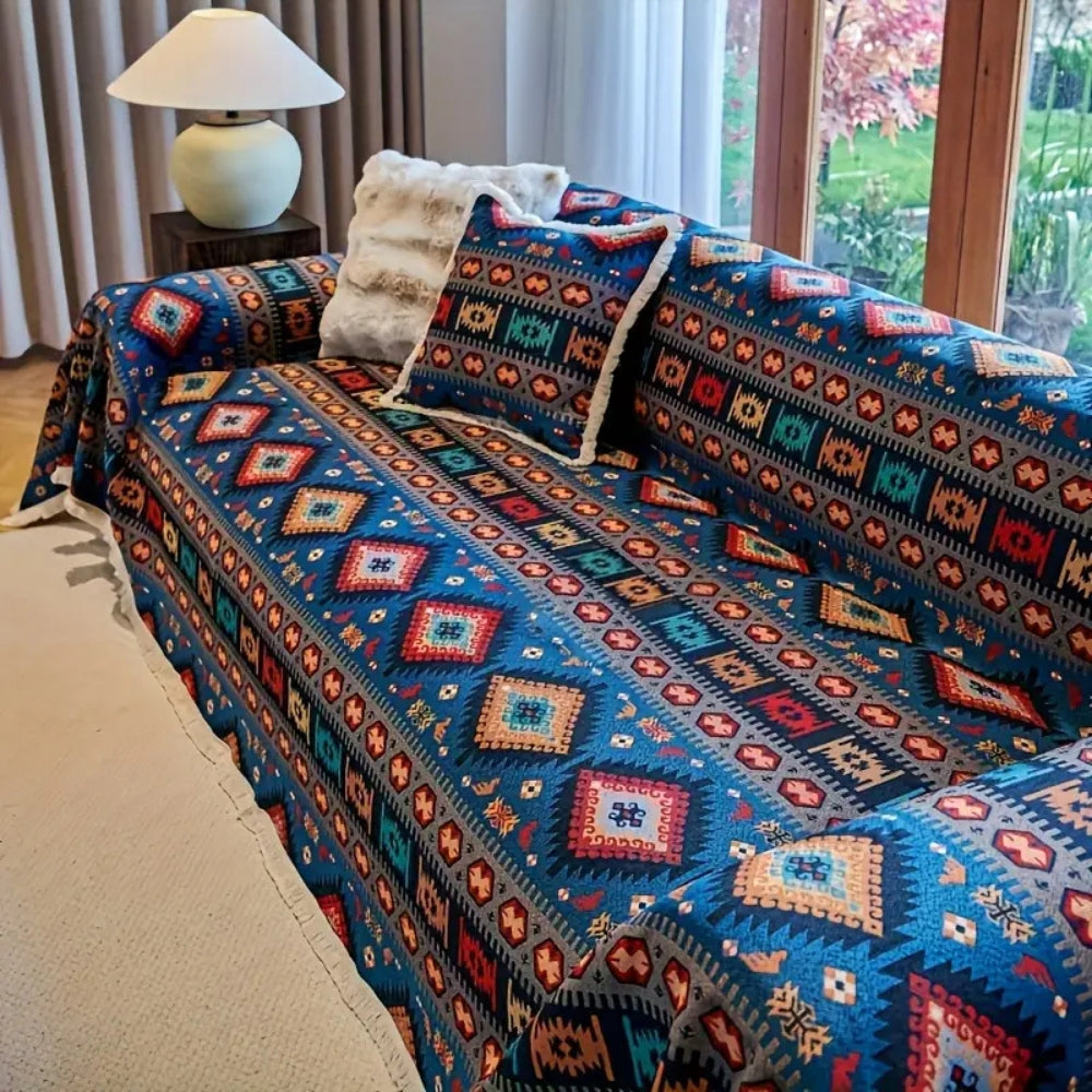 Boho Chenille Sofa Cover – Colourful Geometric Pattern with Warm Earth Tones