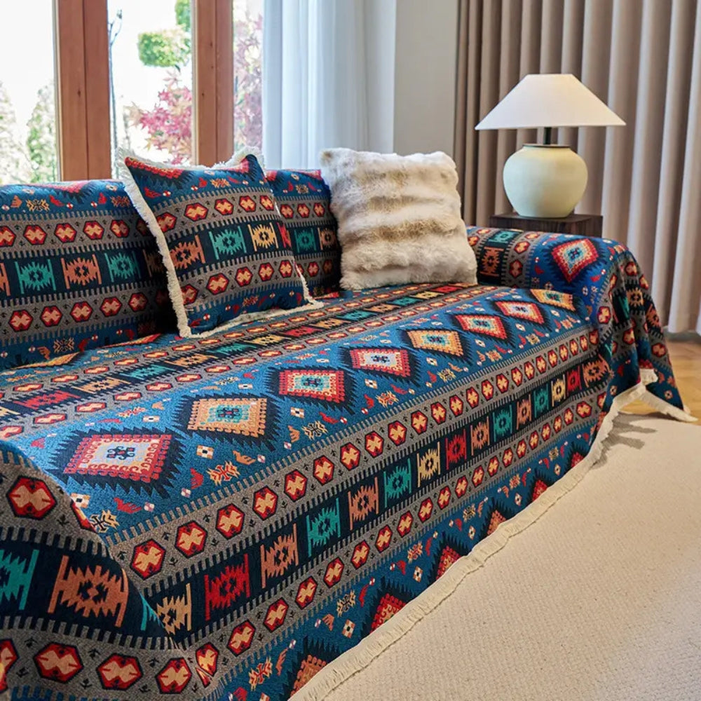 Boho Chenille Sofa Cover – Colourful Geometric Pattern with Warm Earth Tones