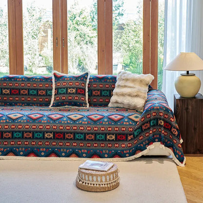 Boho Chenille Sofa Cover – Colourful Geometric Pattern with Warm Earth Tones