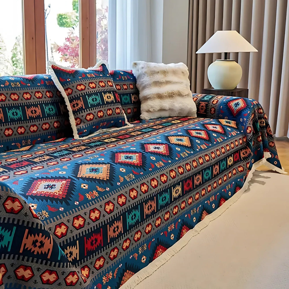 Boho Chenille Sofa Cover – Colourful Geometric Pattern with Warm Earth Tones