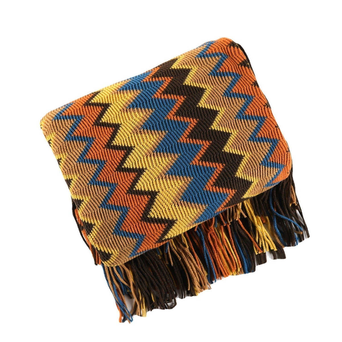 Boho Chevron Throw Blanket with Woven Texture and Decorative Fringes