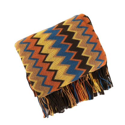 Boho Chevron Throw Blanket with Woven Texture and Decorative Fringes