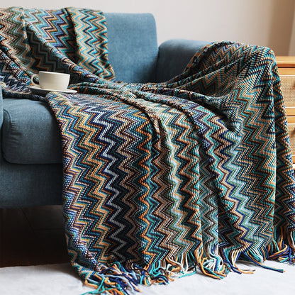Boho Chevron Throw Blanket with Woven Texture and Decorative Fringes