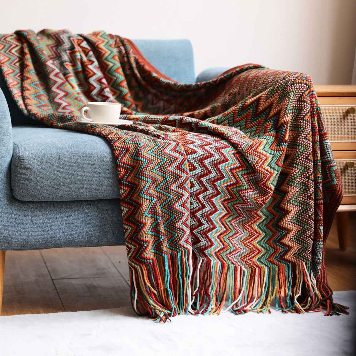Boho Chevron Throw Blanket with Woven Texture and Decorative Fringes