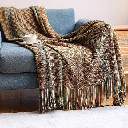 Boho Chevron Throw Blanket with Woven Texture and Decorative Fringes
