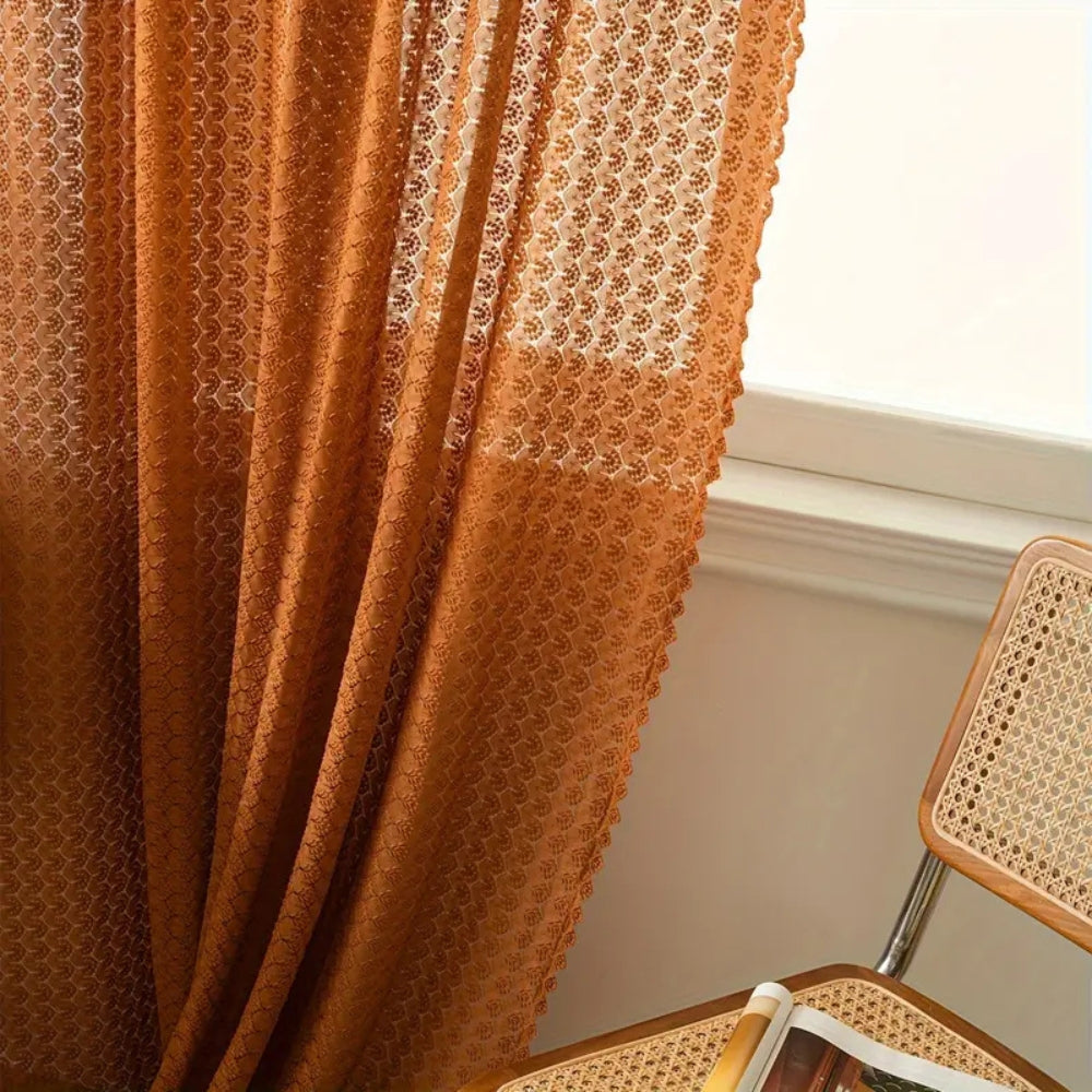 Boho Crochet Curtain Panel with Amber Tone and Semi-Sheer Light Filtering