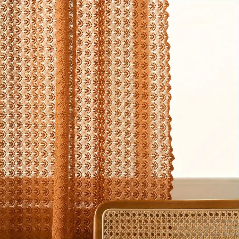 Boho Crochet Curtain Panel with Amber Tone and Semi-Sheer Light Filtering