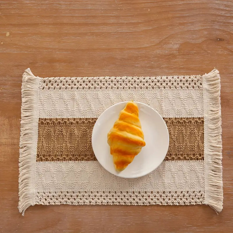 Boho Placemats Set of 4 with Jute Insert and Fringe for Dining Table