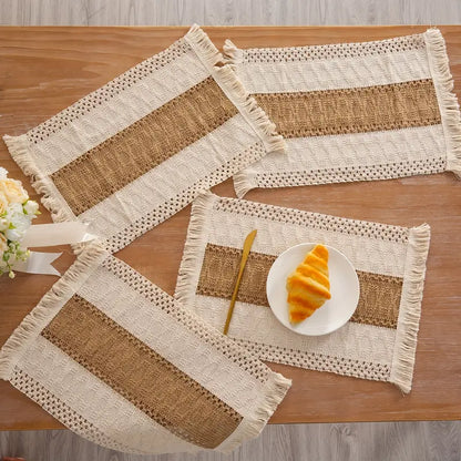 Boho Placemats Set of 4 with Jute Insert and Fringe for Dining Table