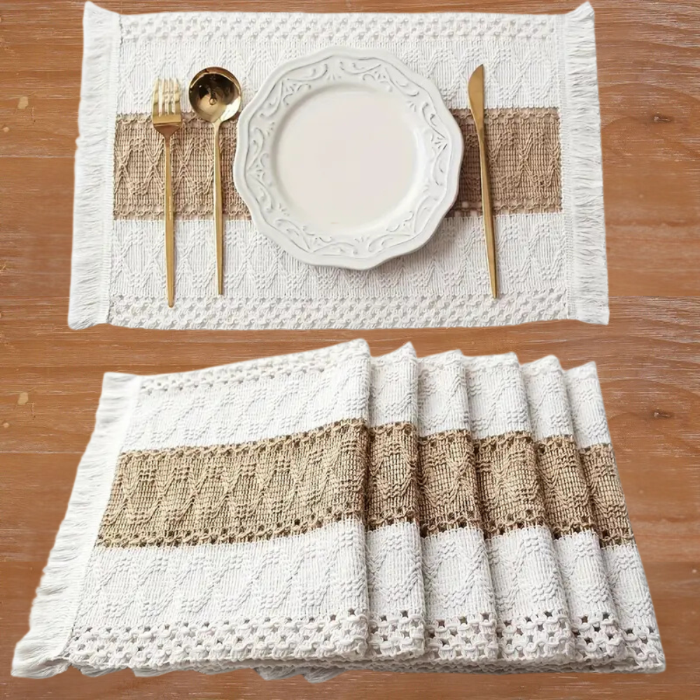 Boho Placemats Set of 4 with Jute Insert and Fringe for Dining Table