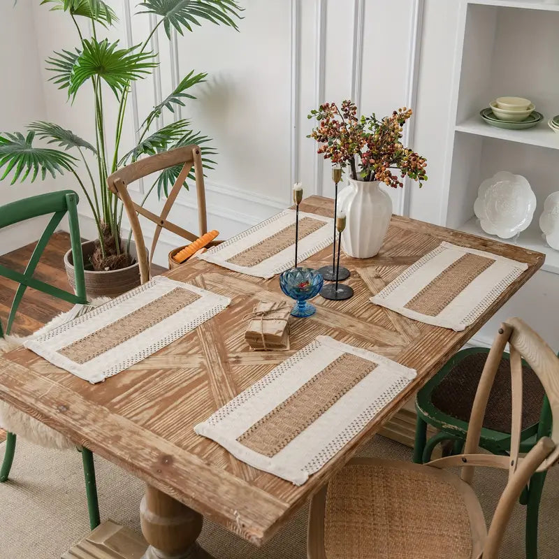 Boho Placemats Set of 4 with Jute Insert and Fringe for Dining Table