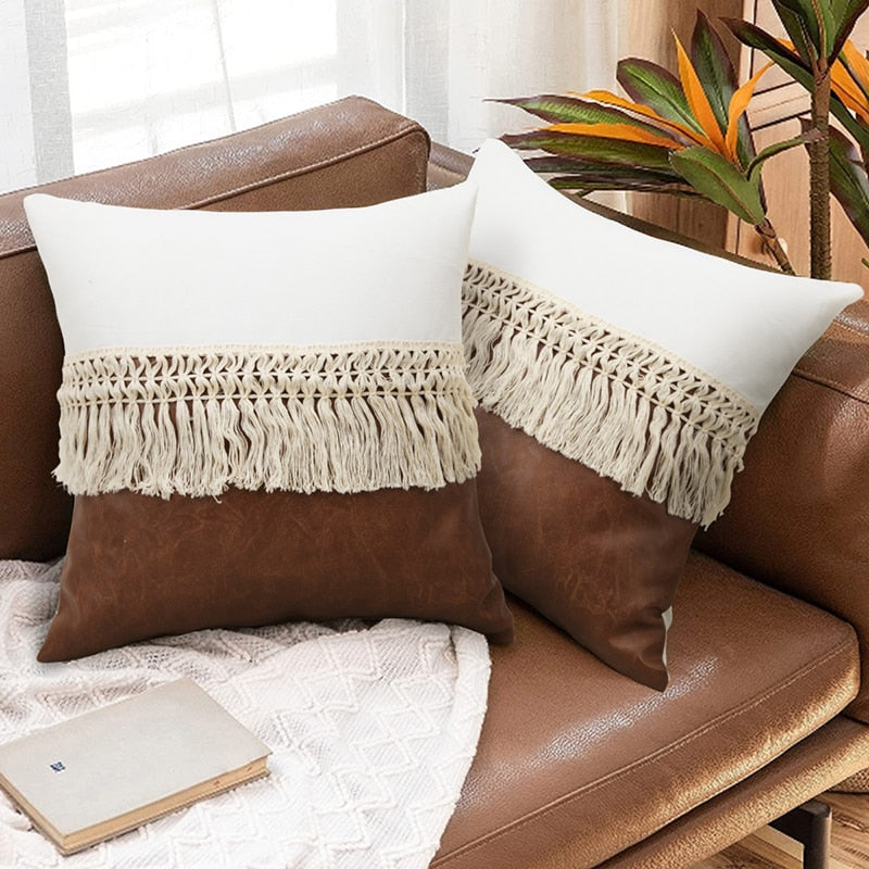 Boho Tassel Cushion Covers Set of 2 with Soft Cotton Blend Fabric