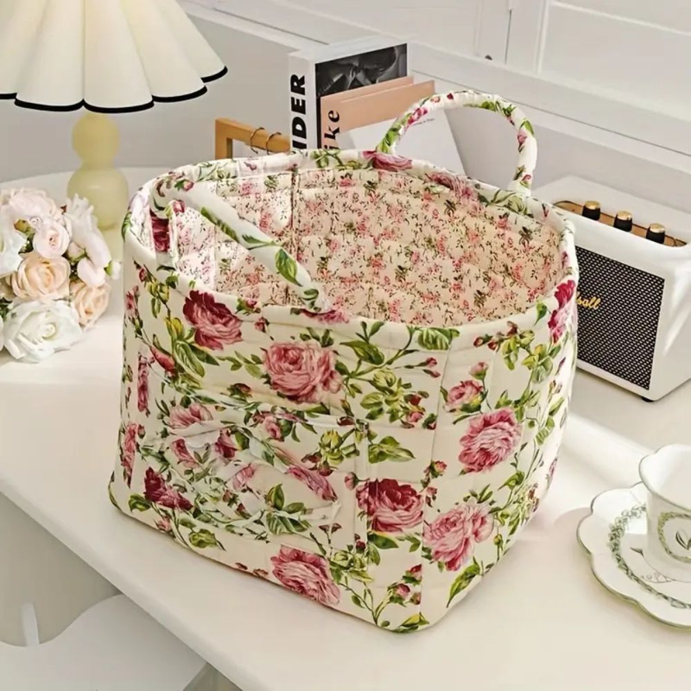 Canvas Storage Basket with Romantic Floral Pattern for Stylish Home Organisation