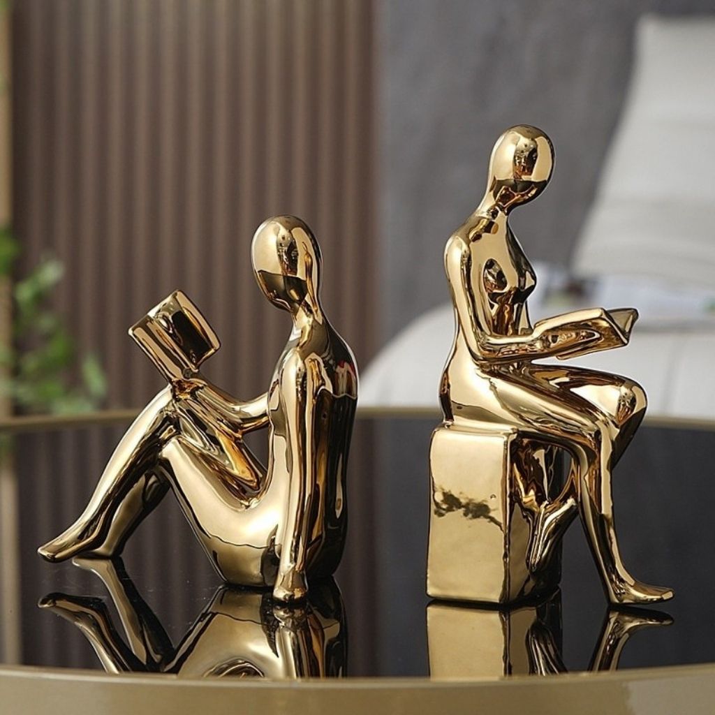 Ceramic Sculptural Bookends with Abstract Reading Figures Set of 2