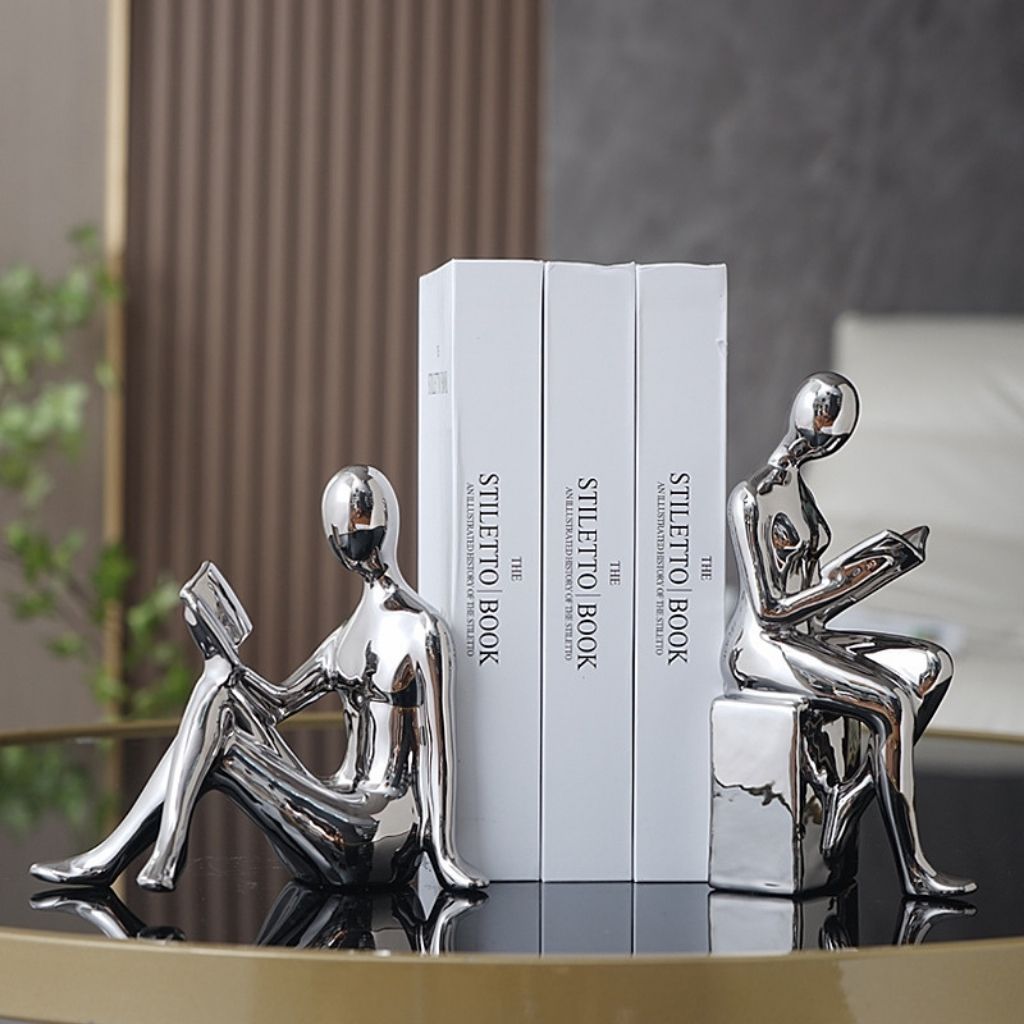 Ceramic Sculptural Bookends with Abstract Reading Figures Set of 2