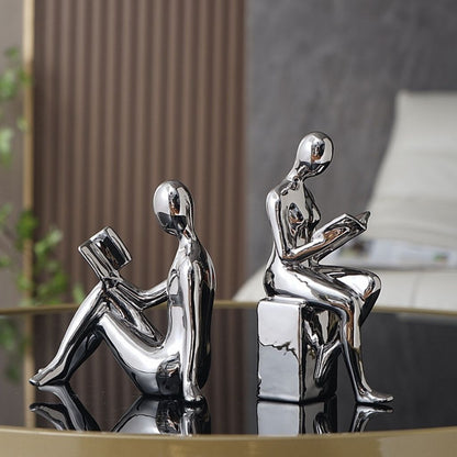 Ceramic Sculptural Bookends with Abstract Reading Figures Set of 2