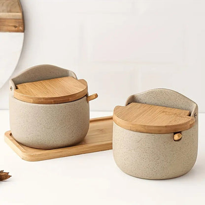 Ceramic Spice Jar Set with Bamboo Lids and Tray – Minimalist Kitchen Storage