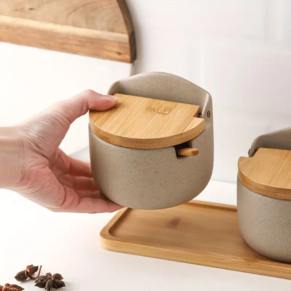 Ceramic Spice Jar Set with Bamboo Lids and Tray – Minimalist Kitchen Storage