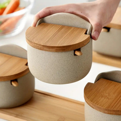 Ceramic Spice Jar Set with Bamboo Lids and Tray – Minimalist Kitchen Storage