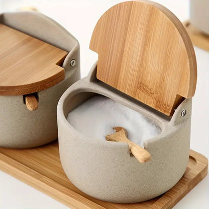 Ceramic Spice Jar Set with Bamboo Lids and Tray – Minimalist Kitchen Storage