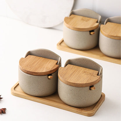 Ceramic Spice Jar Set with Bamboo Lids and Tray – Minimalist Kitchen Storage