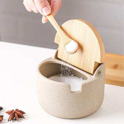 Ceramic Spice Jar Set with Bamboo Lids and Tray – Minimalist Kitchen Storage