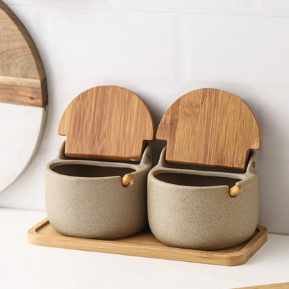 Ceramic Spice Jar Set with Bamboo Lids and Tray – Minimalist Kitchen Storage