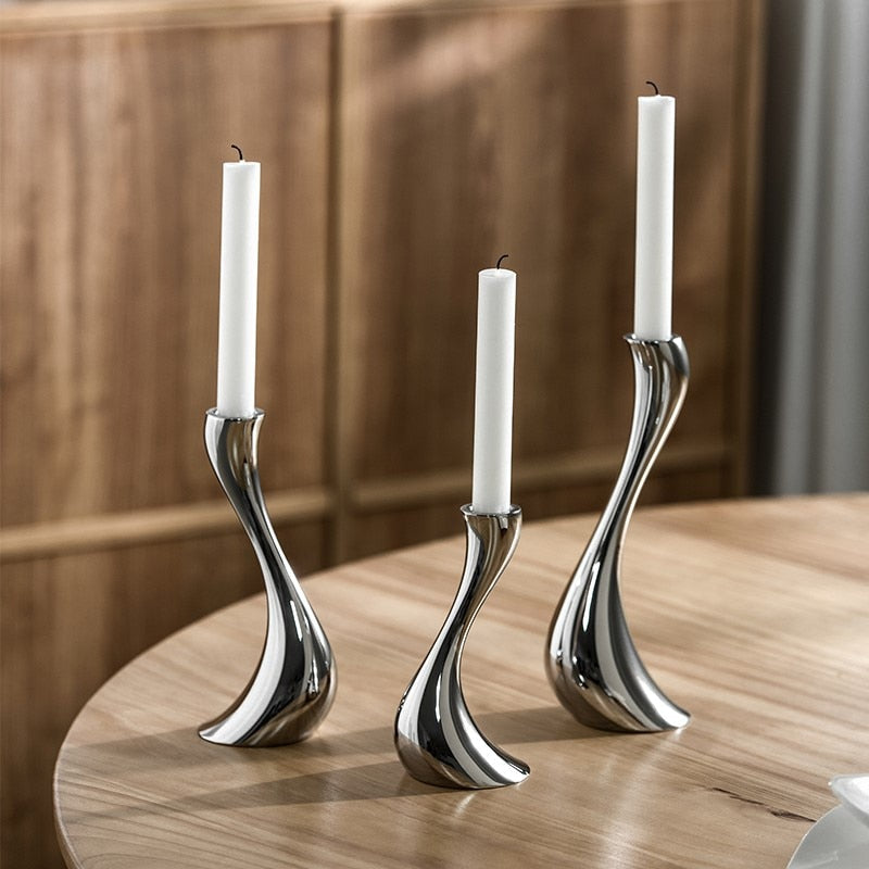 Chrome Stainless Steel Candle Holders with Elegant Wave Design